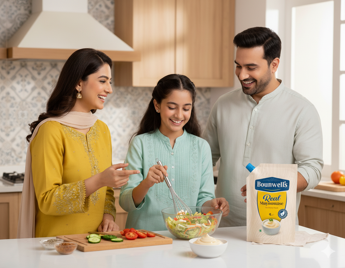 Family preparing salad together in kitchen with Bounwell's Mayonnaise